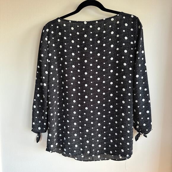 Talbots Tie-Sleeve Blouse Top Black Bold Polka Keyhole Neck 3/4 Sleeve Sz M - Picture 5 of 7